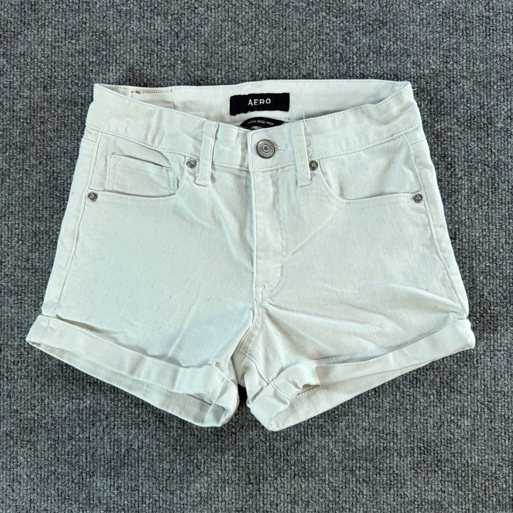 Aeropostale Aero Womens White High Rise Midi Denim Shorts Size 2 Cuffed Hem